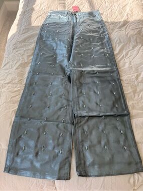 PrettyLittleThing blue metallic jeans with pearls